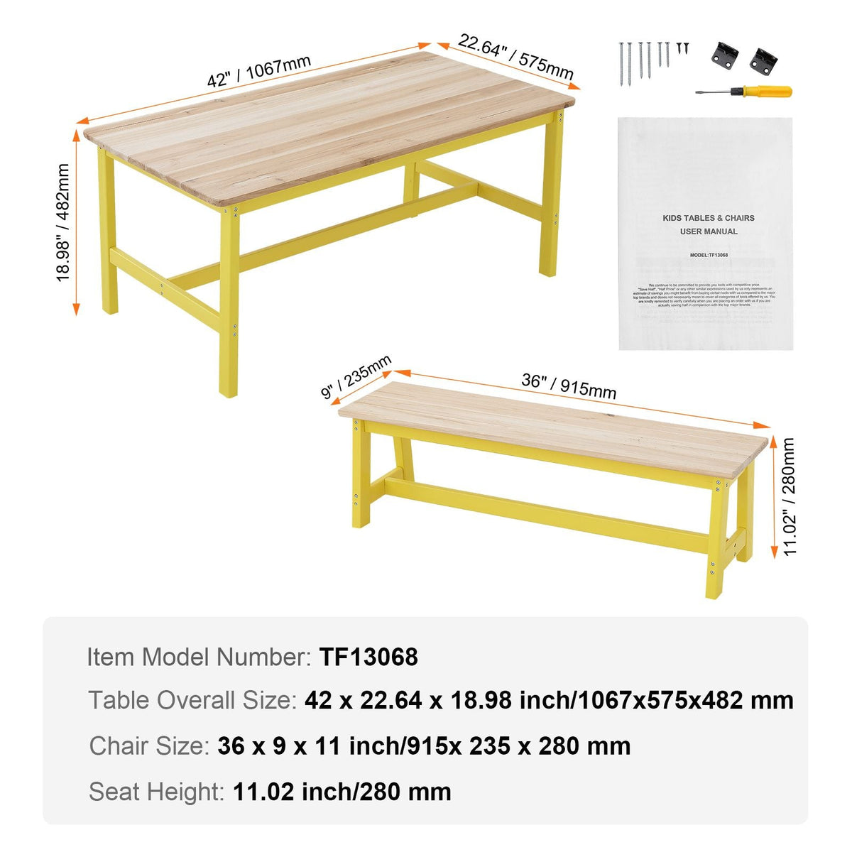 Kids Table and Bench Set, Toddler Table and Chair Set of 3, Wood Activity Table for Art, Craft, Reading, Learning
