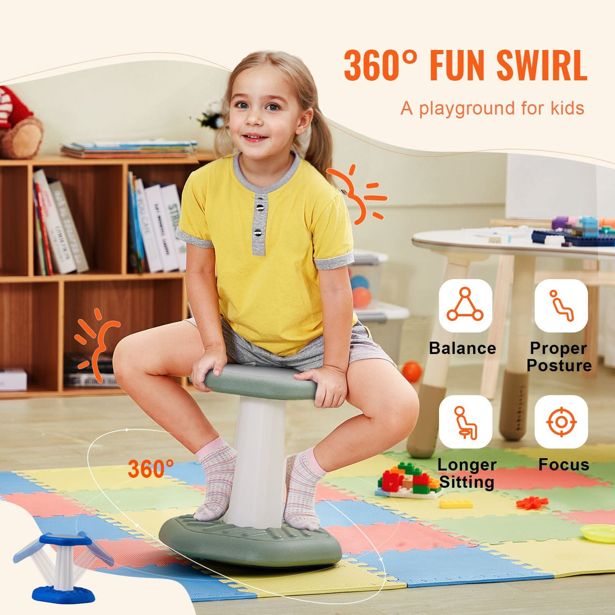 Kids Wobble Chair Active Chair with Sponge Cushion, Wobble Stool Improves Focus, Posture and Calm Children, Ideal for Schools and Preschools, Age 3-7, Green