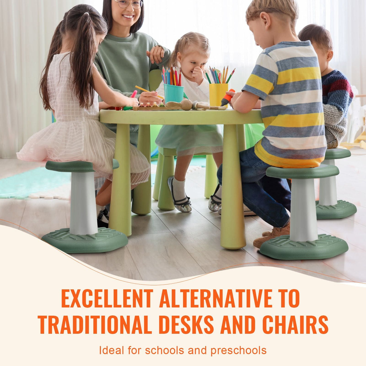 Kids Wobble Chair Active Chair with Sponge Cushion, Wobble Stool Improves Focus, Posture and Calm Children, Ideal for Schools and Preschools, Age 3-7, Green