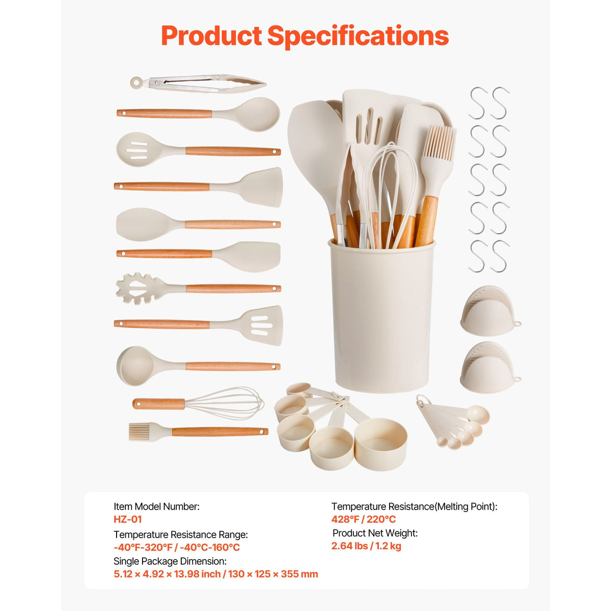 Kitchen Cooking Utensils Set, 34 PCS Silicone Spatula Set with Holder, 428 Fahrenheit Heat Resistant Gadget Spoons Tools, Wooden Handle, Silicone Gadgets Cookware, White
