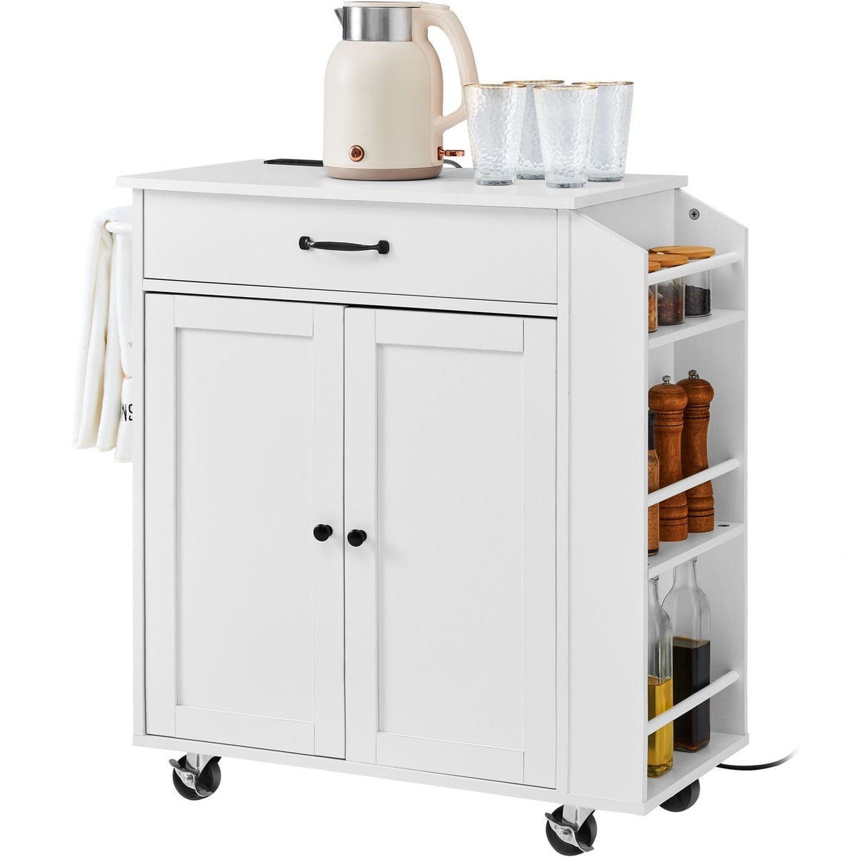 Kitchen Island Cart, 32" Mobile Carts with Storage Cabinet, Rolling Table with Power Outlet, Spice Rack, Towel Bar, Adjustable Shelf, Drawer, Dining Living Room Portable Islands on Wheels, White