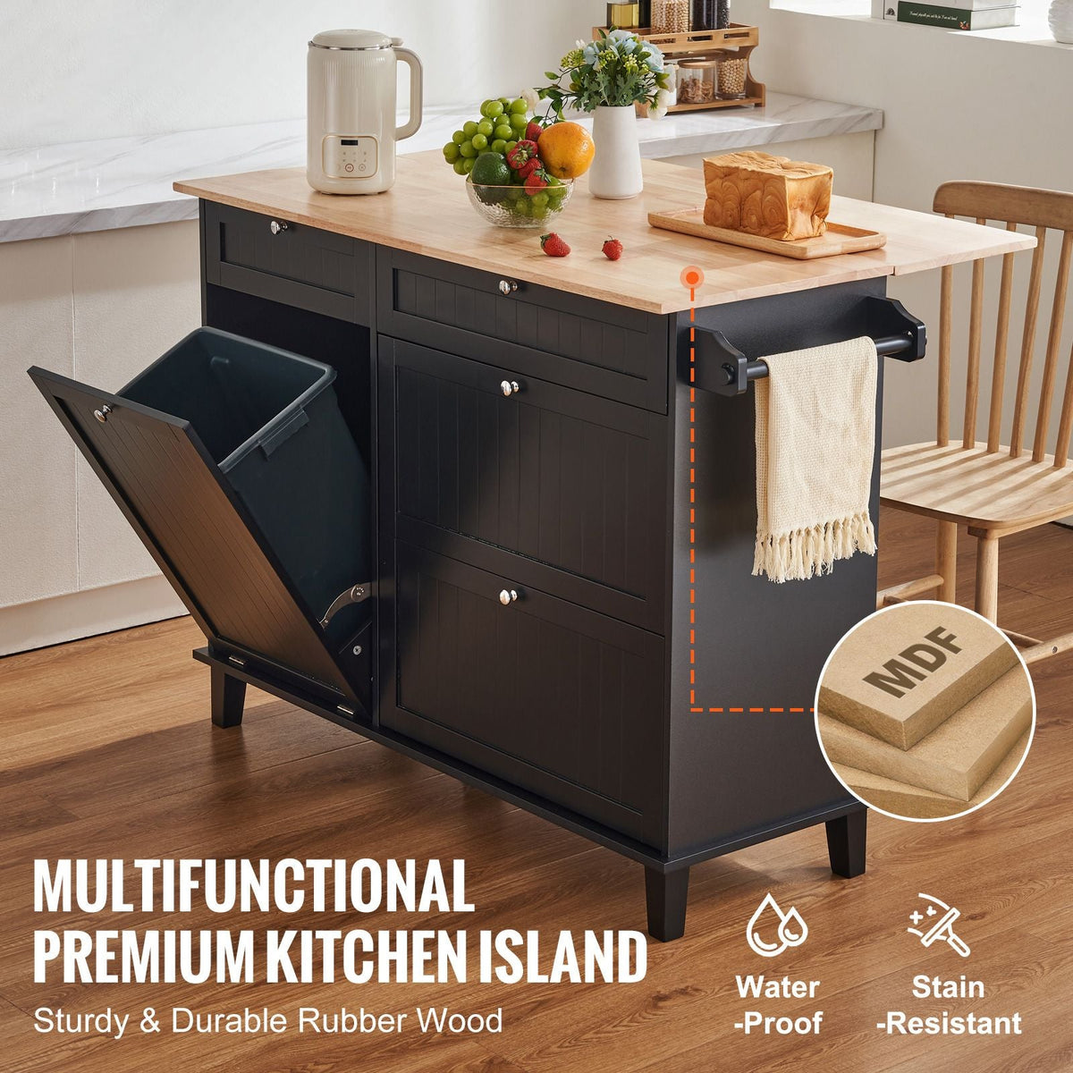 Kitchen Island Cart, 50" Wood Top Breakfast Bar with Trash Cabinet Tilt Out 10 Gallon Storage, Farmhouse Dining Living Room Table with Drop Leaf, Towel Bar, Drawer, Black