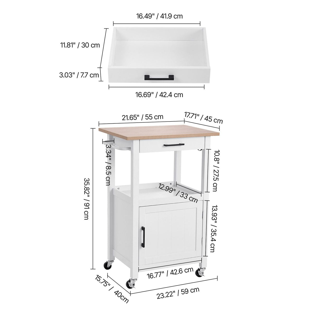 Kitchen Island Cart with Single Door Cabinet, Mobile Carts with Drawer, Towel Rack, Hooks, Portable Table on Swivel Wheels, Small Coffee Islands Microwave Stand for Dining Room, 18x23 in, White