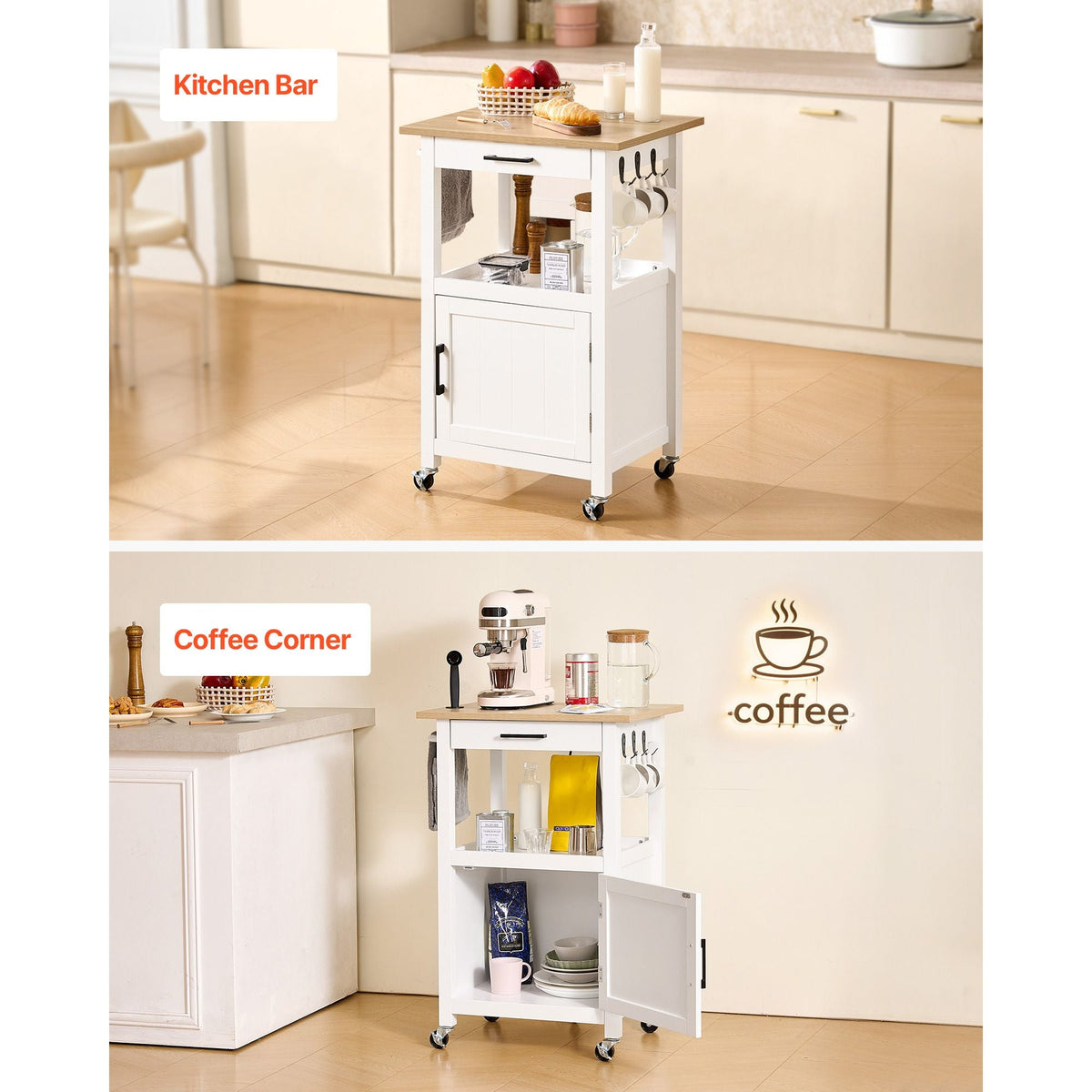 Kitchen Island Cart with Single Door Cabinet, Mobile Carts with Drawer, Towel Rack, Hooks, Portable Table on Swivel Wheels, Small Coffee Islands Microwave Stand for Dining Room, 18x23 in, White