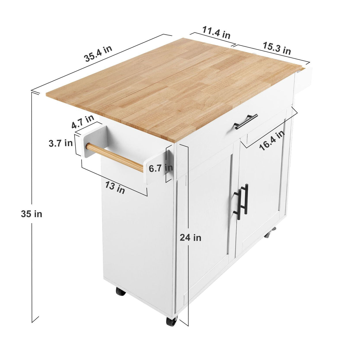 Kitchen Island Cart with Solid Wood Top, 35.4" Width Mobile Carts with Storage Cabinet, Rolling Kitchen Table with Spice Rack, Towel Rack, Drop Leaf and Drawer, Portable Islands on Wheels, White