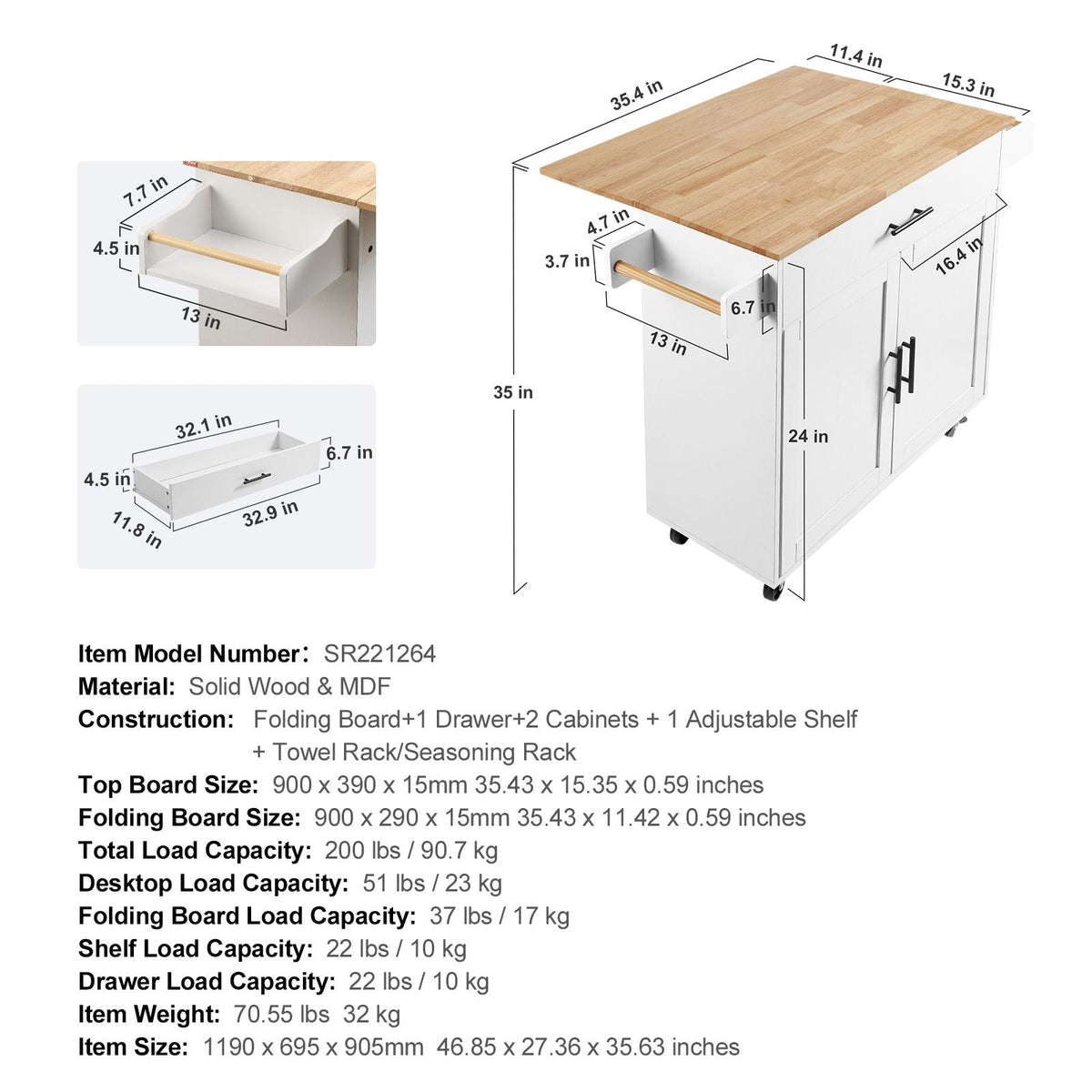 Kitchen Island Cart with Solid Wood Top, 35.4" Width Mobile Carts with Storage Cabinet, Rolling Kitchen Table with Spice Rack, Towel Rack, Drop Leaf and Drawer, Portable Islands on Wheels, White