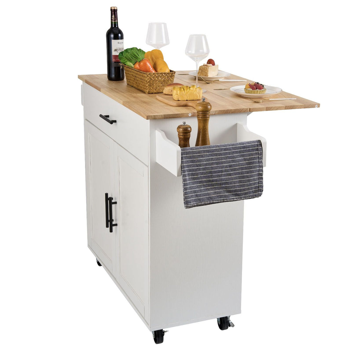 Kitchen Island Cart with Solid Wood Top, 35.4" Width Mobile Carts with Storage Cabinet, Rolling Kitchen Table with Spice Rack, Towel Rack, Drop Leaf and Drawer, Portable Islands on Wheels, White
