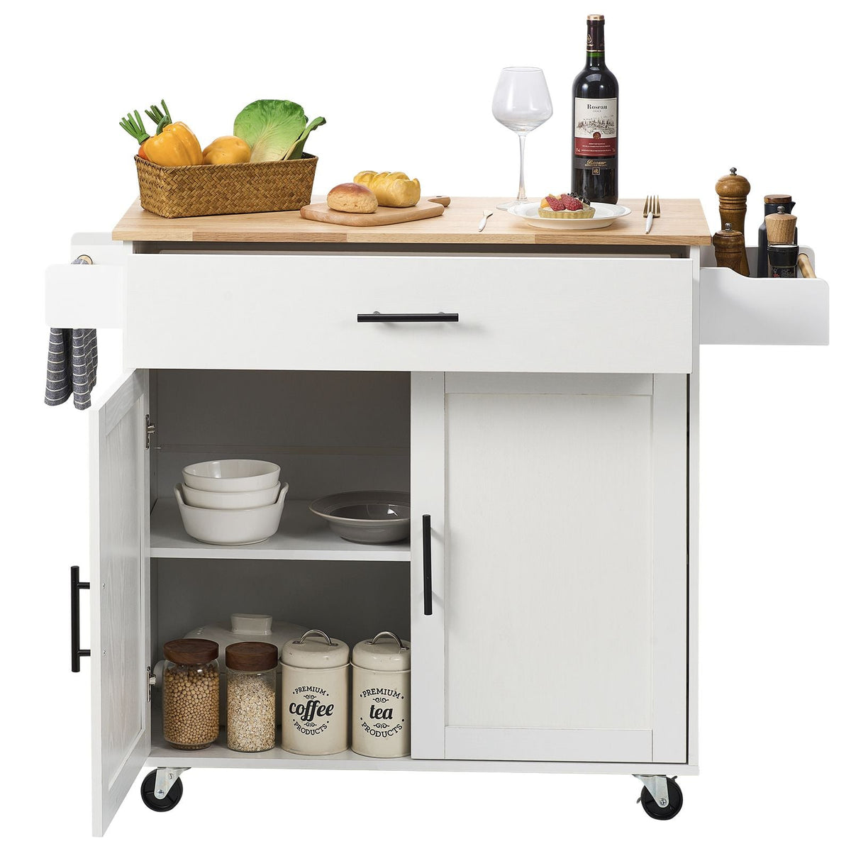 Kitchen Island Cart with Solid Wood Top, 35.4" Width Mobile Carts with Storage Cabinet, Rolling Kitchen Table with Spice Rack, Towel Rack, Drop Leaf and Drawer, Portable Islands on Wheels, White