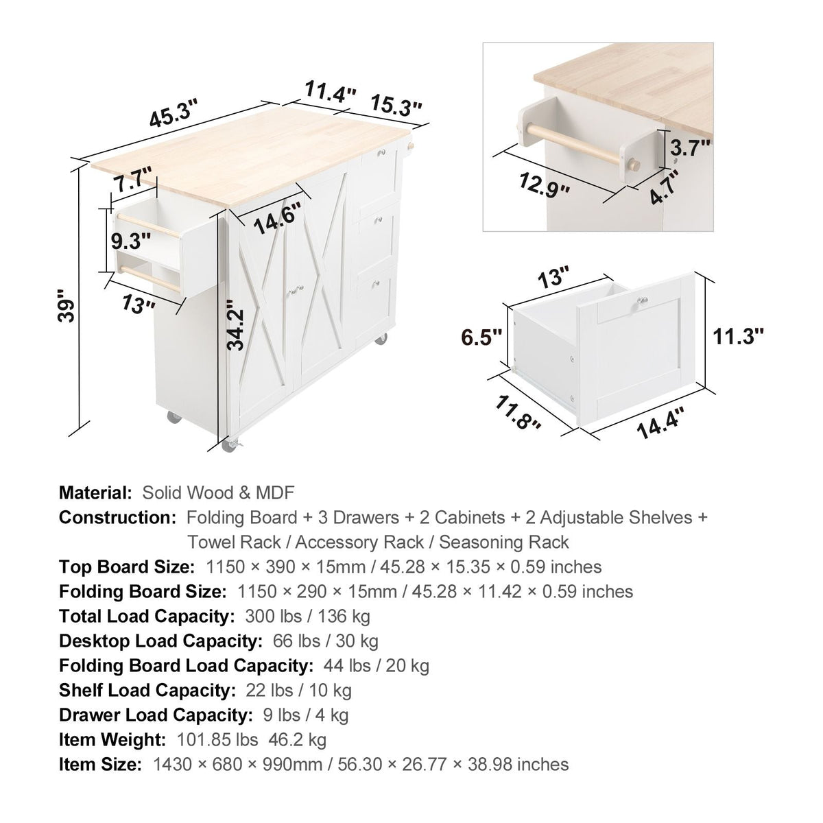 Kitchen Island Cart with Solid Wood Top, 45.3" Width Mobile Carts with Storage Cabinet, Rolling Kitchen Table with Spice Rack, Towel Rack, Drop Leaf and Drawer, Portable Islands on Wheels, White