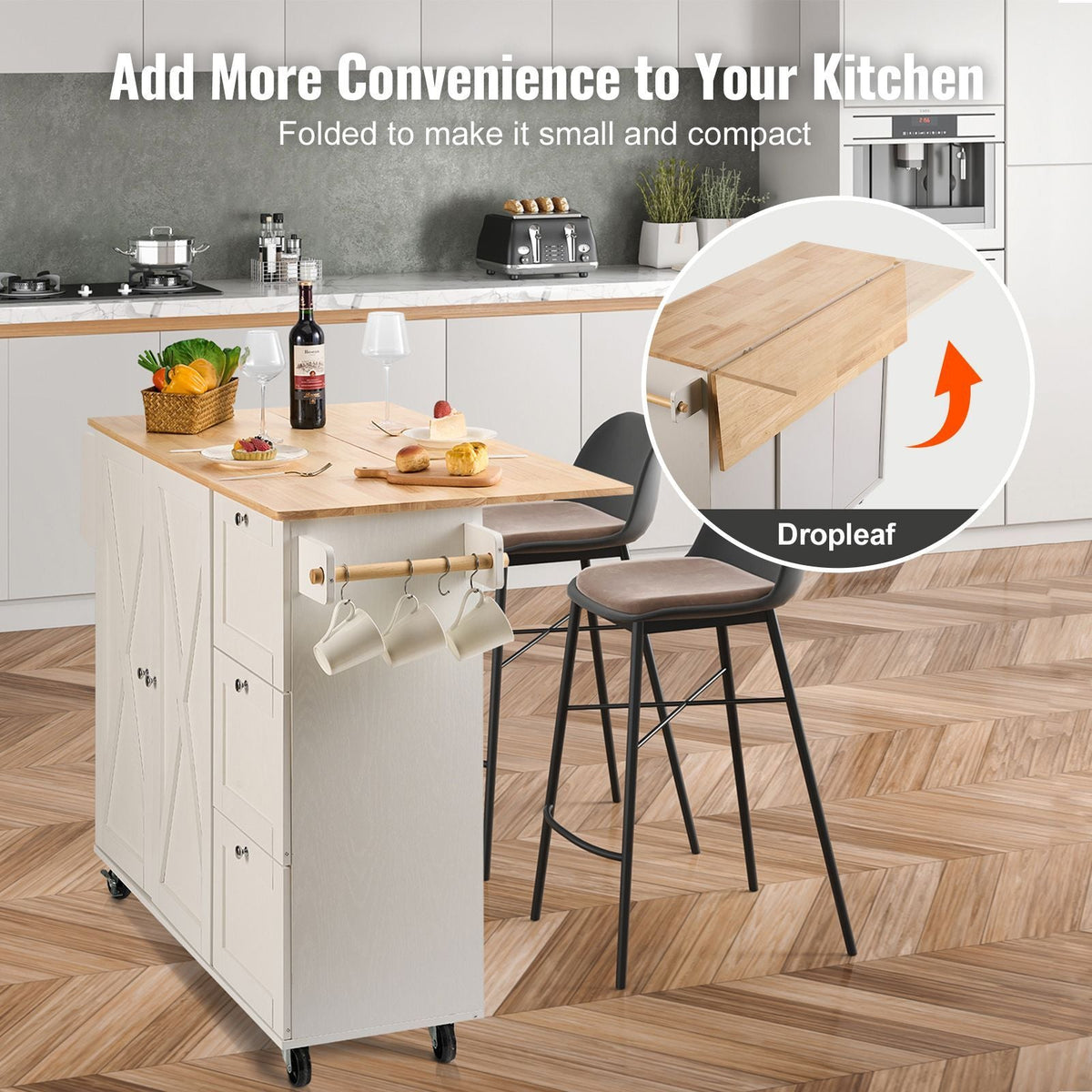 Kitchen Island Cart with Solid Wood Top, 45.3" Width Mobile Carts with Storage Cabinet, Rolling Kitchen Table with Spice Rack, Towel Rack, Drop Leaf and Drawer, Portable Islands on Wheels, White