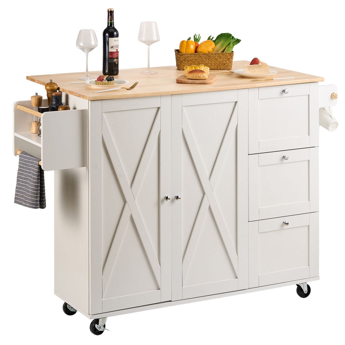 Kitchen Island Cart with Solid Wood Top, 45.3" Width Mobile Carts with Storage Cabinet, Rolling Kitchen Table with Spice Rack, Towel Rack, Drop Leaf and Drawer, Portable Islands on Wheels, White