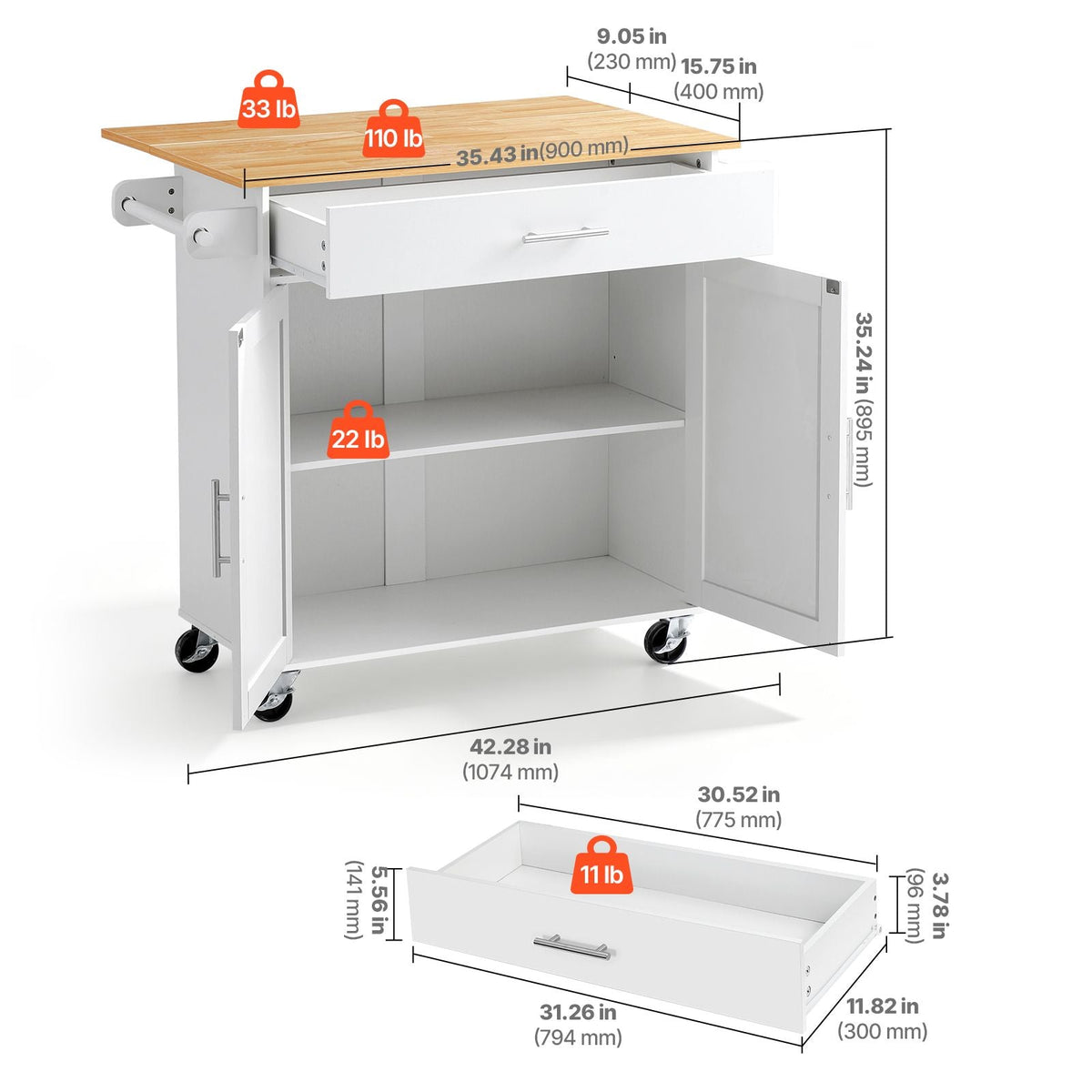 Kitchen Island Cart with Storage, 42.28 in Wide Mobile Rolling Storage Island on Swivel Wheels, with Drawer, Storage Cabinet, Drop Leaf, Spice Rack, Table for Home Dining Room, White