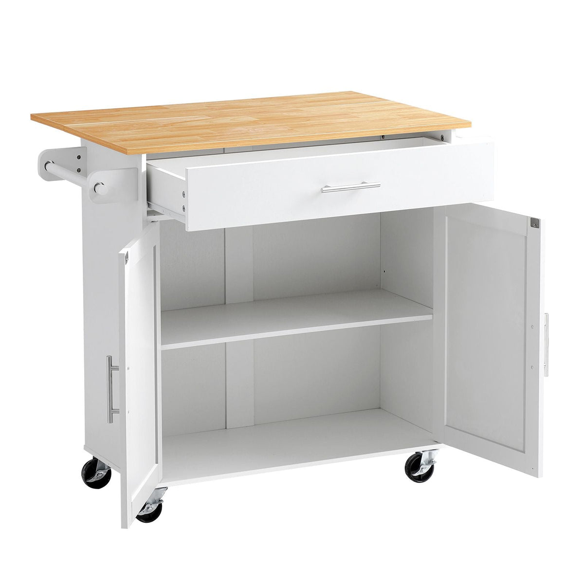 Kitchen Island Cart with Storage, 42.28 in Wide Mobile Rolling Storage Island on Swivel Wheels, with Drawer, Storage Cabinet, Drop Leaf, Spice Rack, Table for Home Dining Room, White