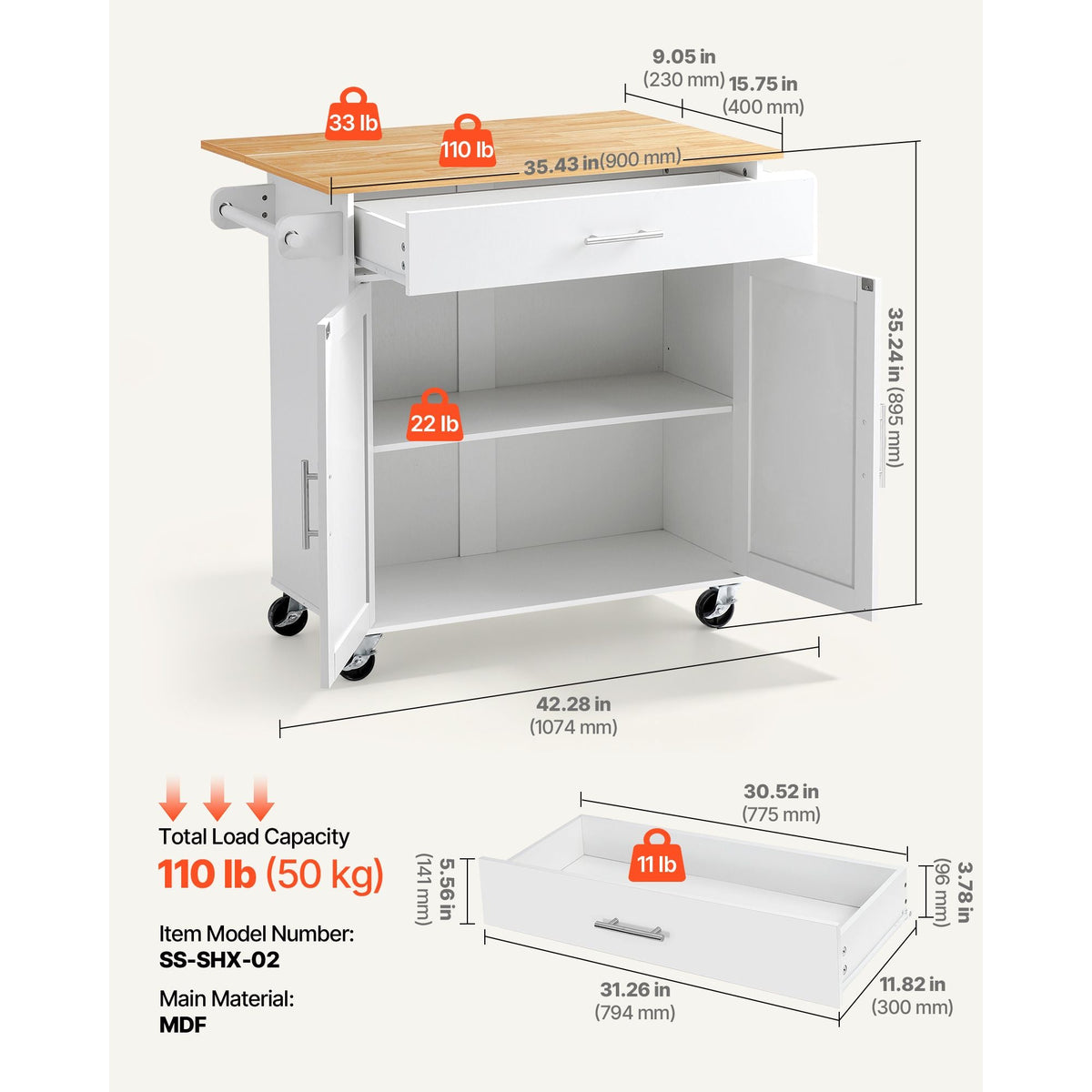 Kitchen Island Cart with Storage, 42.28 in Wide Mobile Rolling Storage Island on Swivel Wheels, with Drawer, Storage Cabinet, Drop Leaf, Spice Rack, Table for Home Dining Room, White