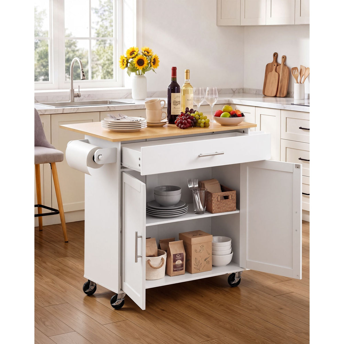 Kitchen Island Cart with Storage, 42.28 in Wide Mobile Rolling Storage Island on Swivel Wheels, with Drawer, Storage Cabinet, Drop Leaf, Spice Rack, Table for Home Dining Room, White