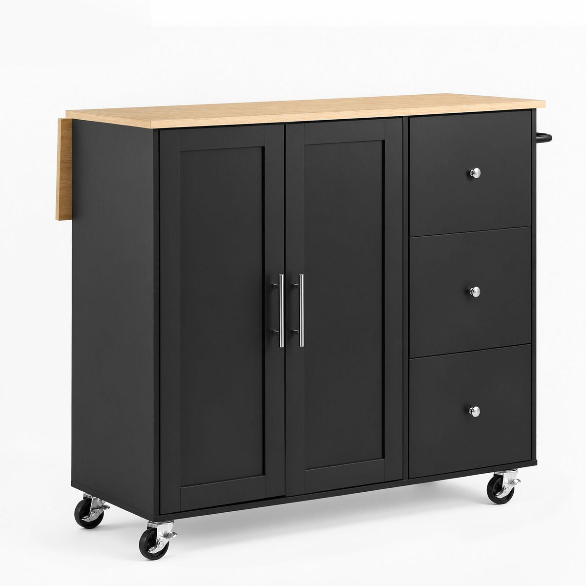 Kitchen Island Cart with Storage, 42.4 in Wide Mobile Rolling Storage Island on Swivel Wheels, with 3 Drawers, Storage Cabinet, Drop Leaf, Towel Rack, Table for Home Dining Room, Black