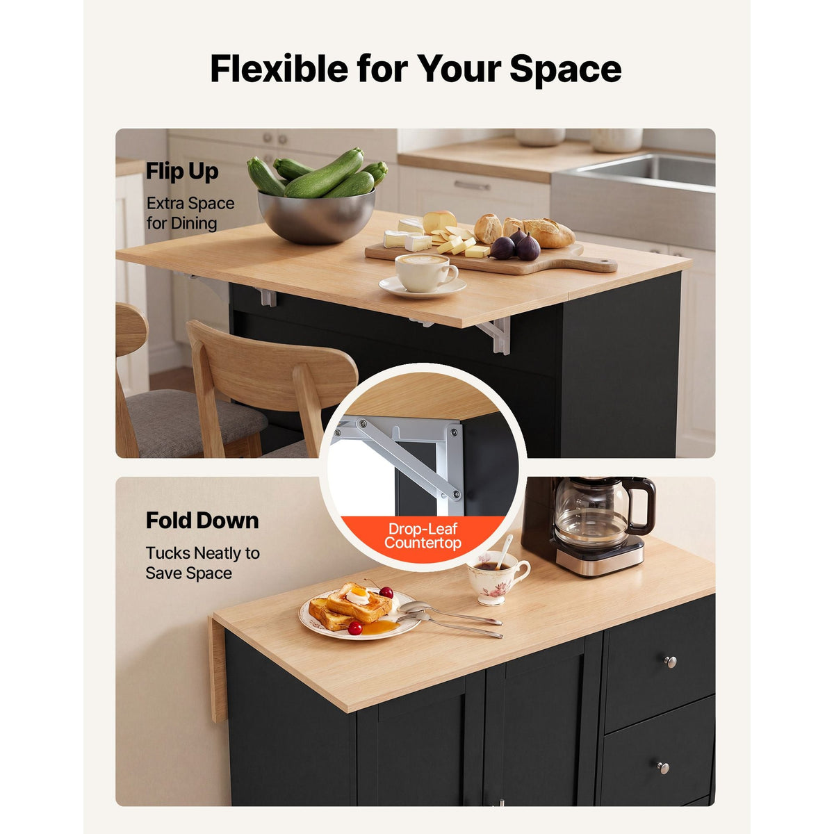 Kitchen Island Cart with Storage, 42.4 in Wide Mobile Rolling Storage Island on Swivel Wheels, with 3 Drawers, Storage Cabinet, Drop Leaf, Towel Rack, Table for Home Dining Room, Black