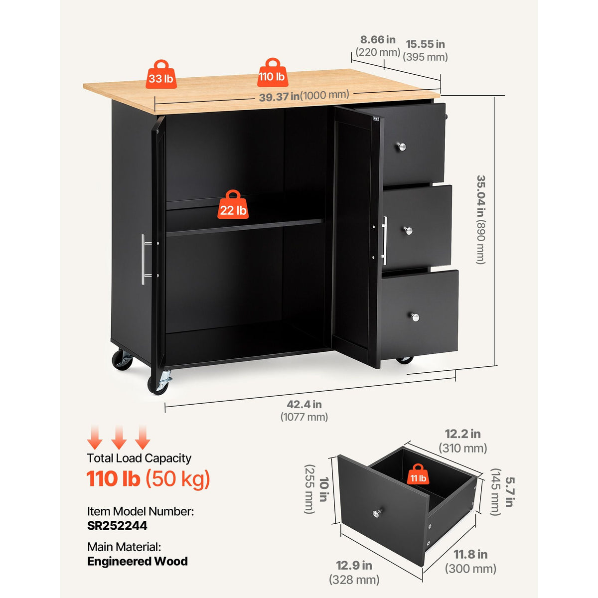 Kitchen Island Cart with Storage, 42.4 in Wide Mobile Rolling Storage Island on Swivel Wheels, with 3 Drawers, Storage Cabinet, Drop Leaf, Towel Rack, Table for Home Dining Room, Black