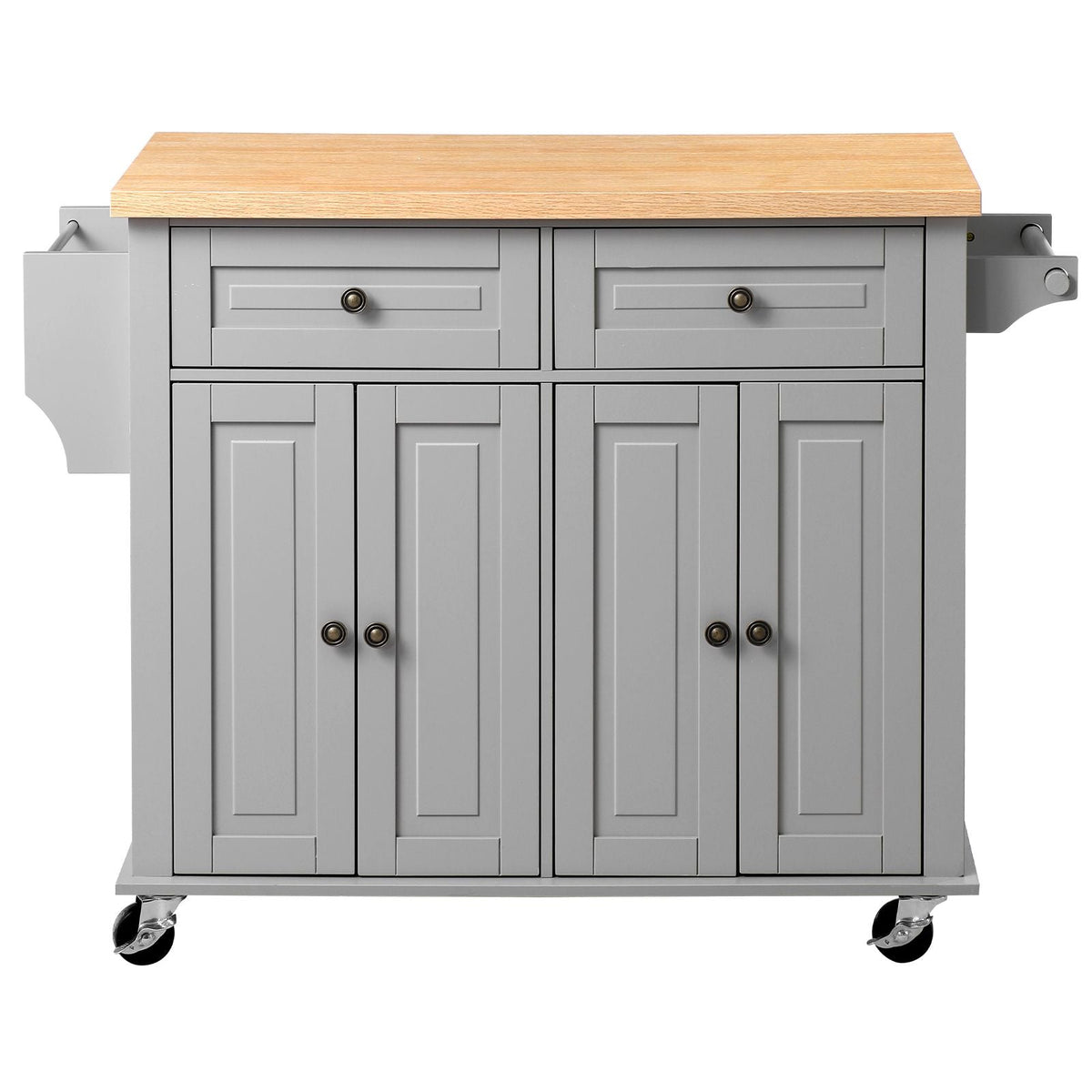 Kitchen Island Cart with Storage, 43.7 in Wide Mobile Rolling Storage Island on Swivel Wheels, with 2 Drawers, Storage Cabinet, Spice/Towel Rack, Hooks, Table for Home Dining Room, Gray