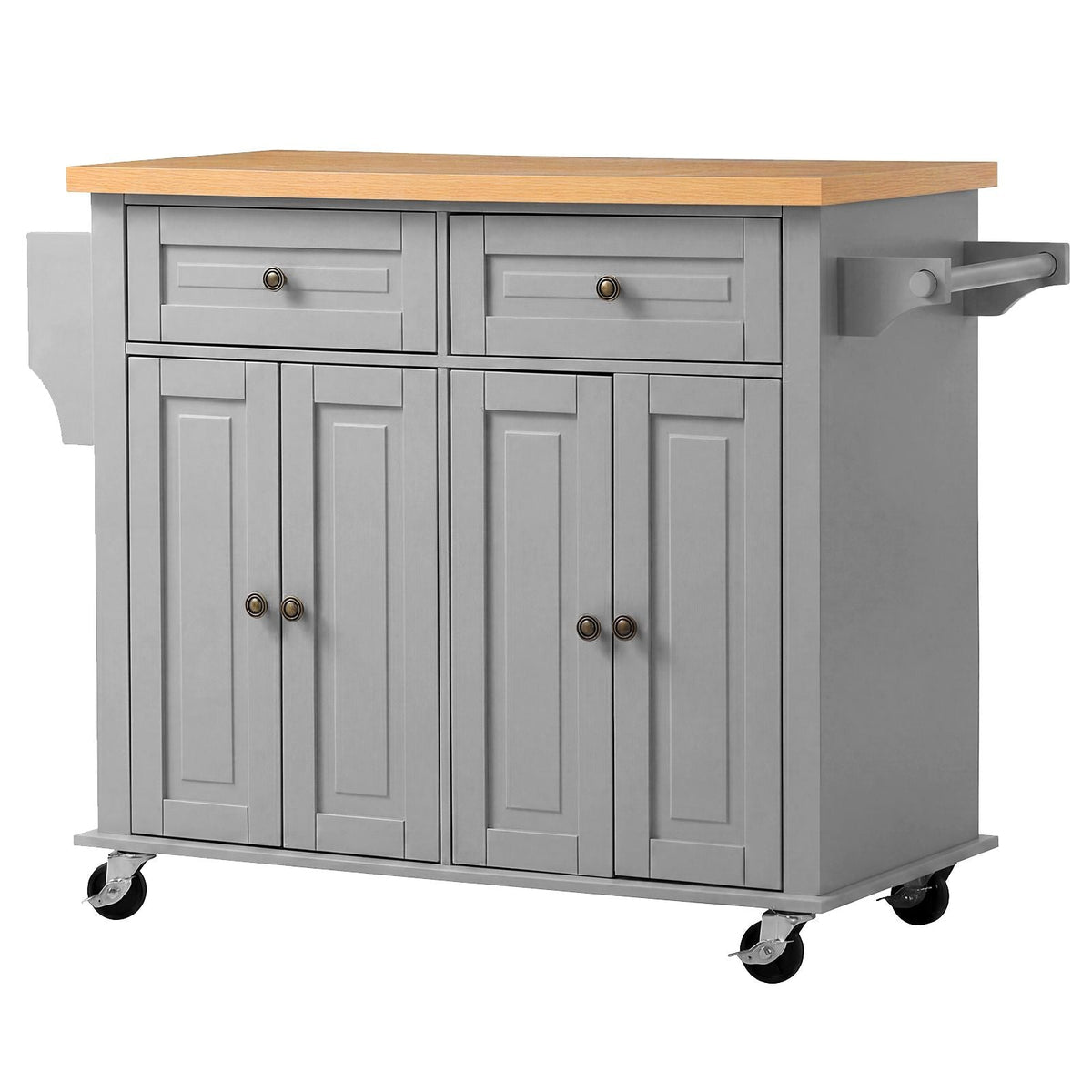 Kitchen Island Cart with Storage, 43.7 in Wide Mobile Rolling Storage Island on Swivel Wheels, with 2 Drawers, Storage Cabinet, Spice/Towel Rack, Hooks, Table for Home Dining Room, Gray