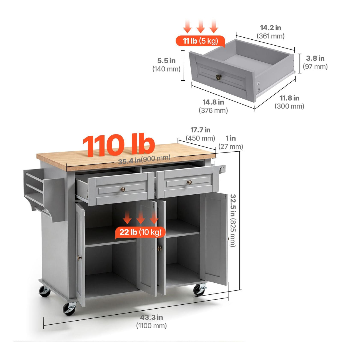 Kitchen Island Cart with Storage, 43.7 in Wide Mobile Rolling Storage Island on Swivel Wheels, with 2 Drawers, Storage Cabinet, Spice/Towel Rack, Hooks, Table for Home Dining Room, Gray