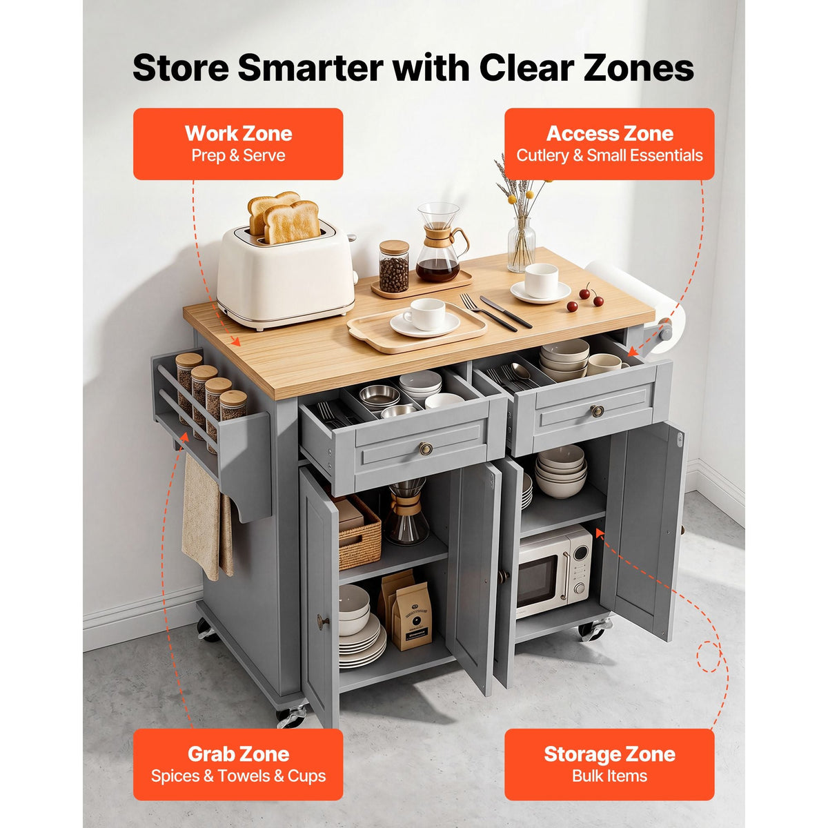 Kitchen Island Cart with Storage, 43.7 in Wide Mobile Rolling Storage Island on Swivel Wheels, with 2 Drawers, Storage Cabinet, Spice/Towel Rack, Hooks, Table for Home Dining Room, Gray