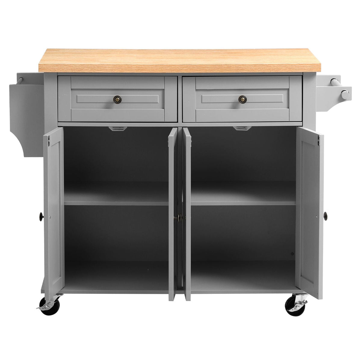 Kitchen Island Cart with Storage, 43.7 in Wide Mobile Rolling Storage Island on Swivel Wheels, with 2 Drawers, Storage Cabinet, Spice/Towel Rack, Hooks, Table for Home Dining Room, Gray