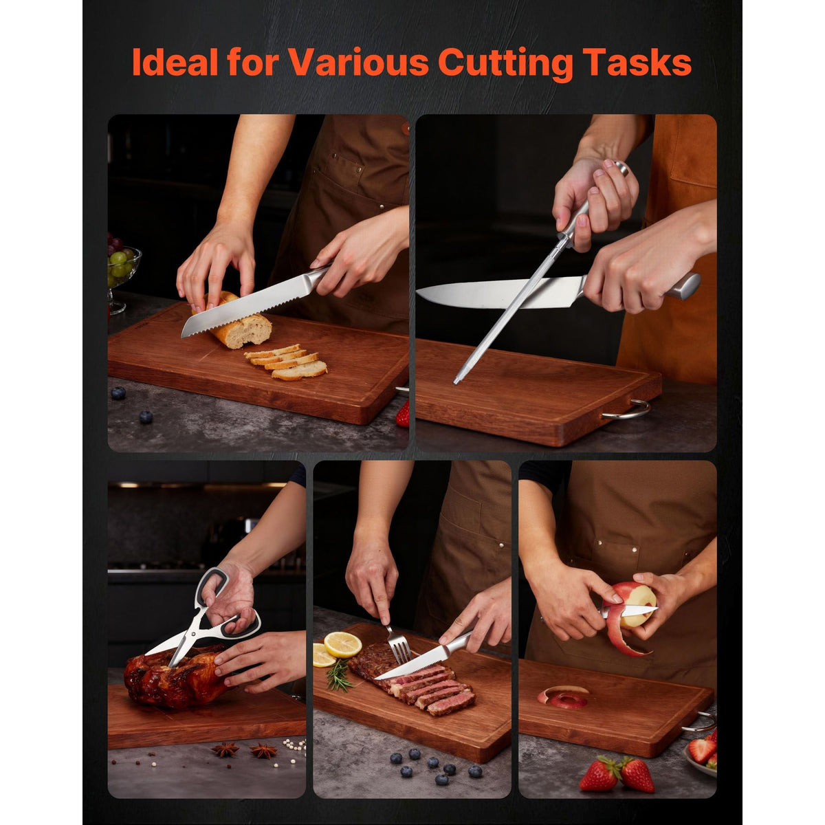 Kitchen Knife Set with Block and Sharpener, 15 Piece German High Carbon Stainless Steel Sharp Knife Set, Kitchen Cutlery with Ergonomic Handle, Sharpening Rod and Wooden Block, for Home Cooks