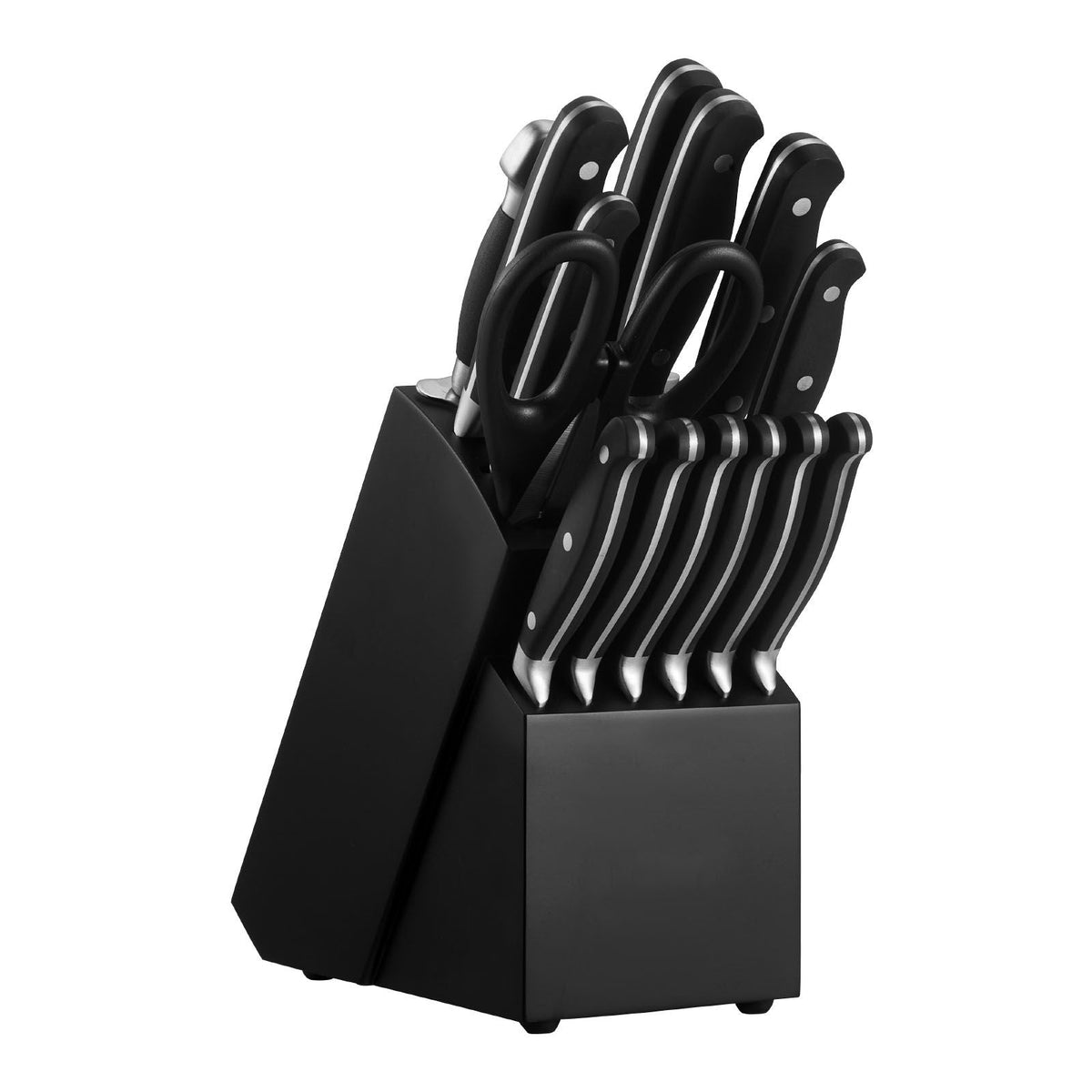 Kitchen Knife Set with Block and Sharpener, 15 Piece High Carbon Stainless Steel Sharp Knife Set, Kitchen Cutlery with Crack-Resistant Handle, Sharpening Rod and Wooden Block, for Home Cooks