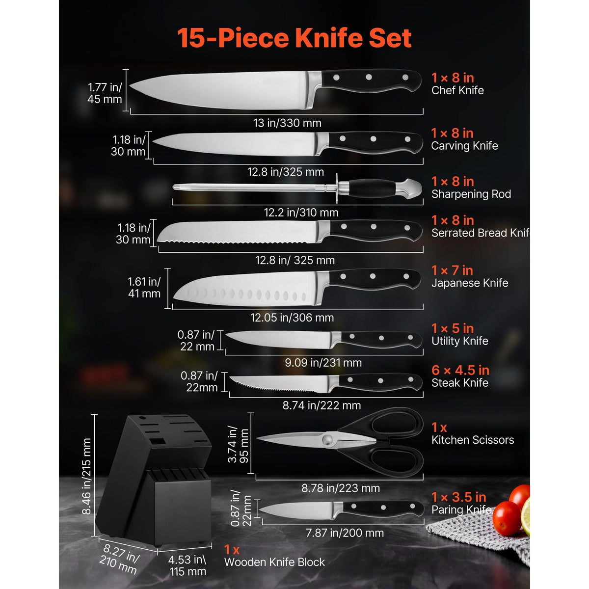 Kitchen Knife Set with Block and Sharpener, 15 Piece High Carbon Stainless Steel Sharp Knife Set, Kitchen Cutlery with Crack-Resistant Handle, Sharpening Rod and Wooden Block, for Home Cooks