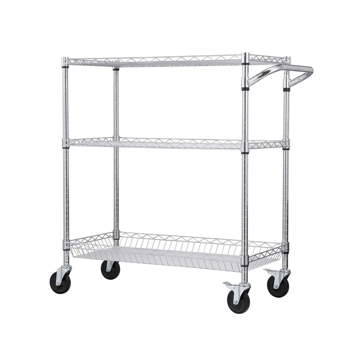 Kitchen Utility Cart, 3 Tiers, Wire Rolling Cart with 661LBS Capacity, Steel Service Cart on Wheels, Metal Storage Trolley with 80mm Basket Curved Handle PP Liner 6 Hooks, for Indoor and Outdoor