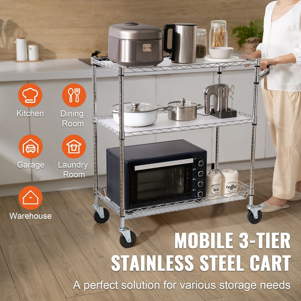 Kitchen Utility Cart, 3 Tiers, Wire Rolling Cart with 661LBS Capacity, Steel Service Cart on Wheels, Metal Storage Trolley with 80mm Basket Curved Handle PP Liner 6 Hooks, for Indoor and Outdoor