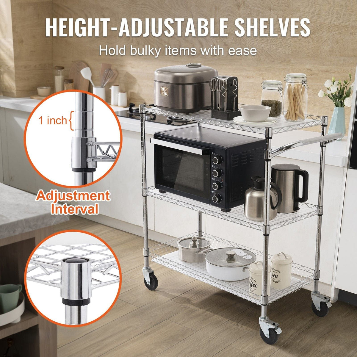 Kitchen Utility Cart, 3 Tiers, Wire Rolling Cart with 661LBS Capacity, Steel Service Cart on Wheels, Metal Storage Trolley with 80mm Basket Curved Handle PP Liner 6 Hooks, for Indoor and Outdoor