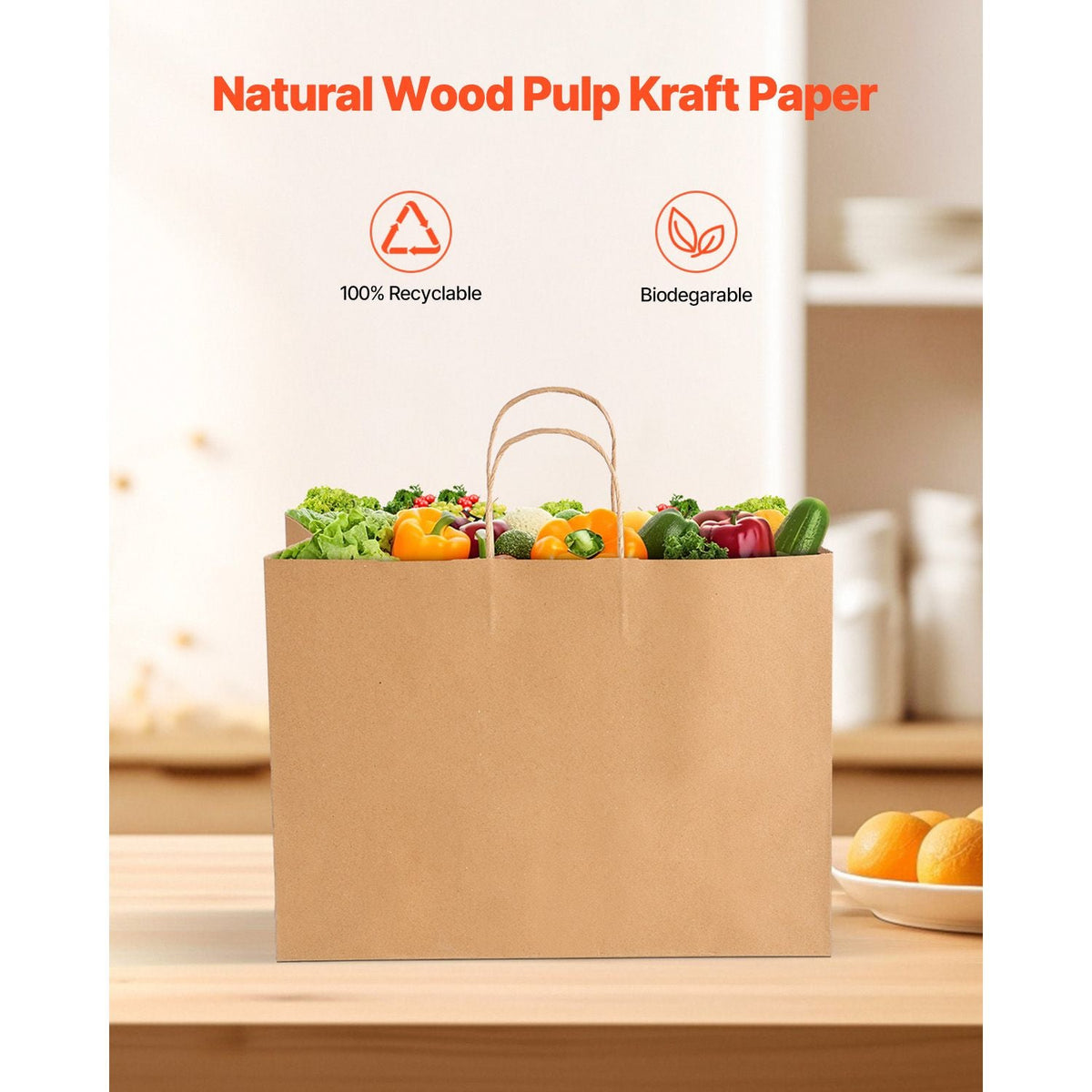 Kraft Paper Bags with Handles, 100Pcs 16 x 6 x 12 in, Large Paper Grocery Bags, Reusable & Recycled Take-Out Sacks, Plain Party Bag Bulk for Birthday, Wedding, Business, Goody, Brown