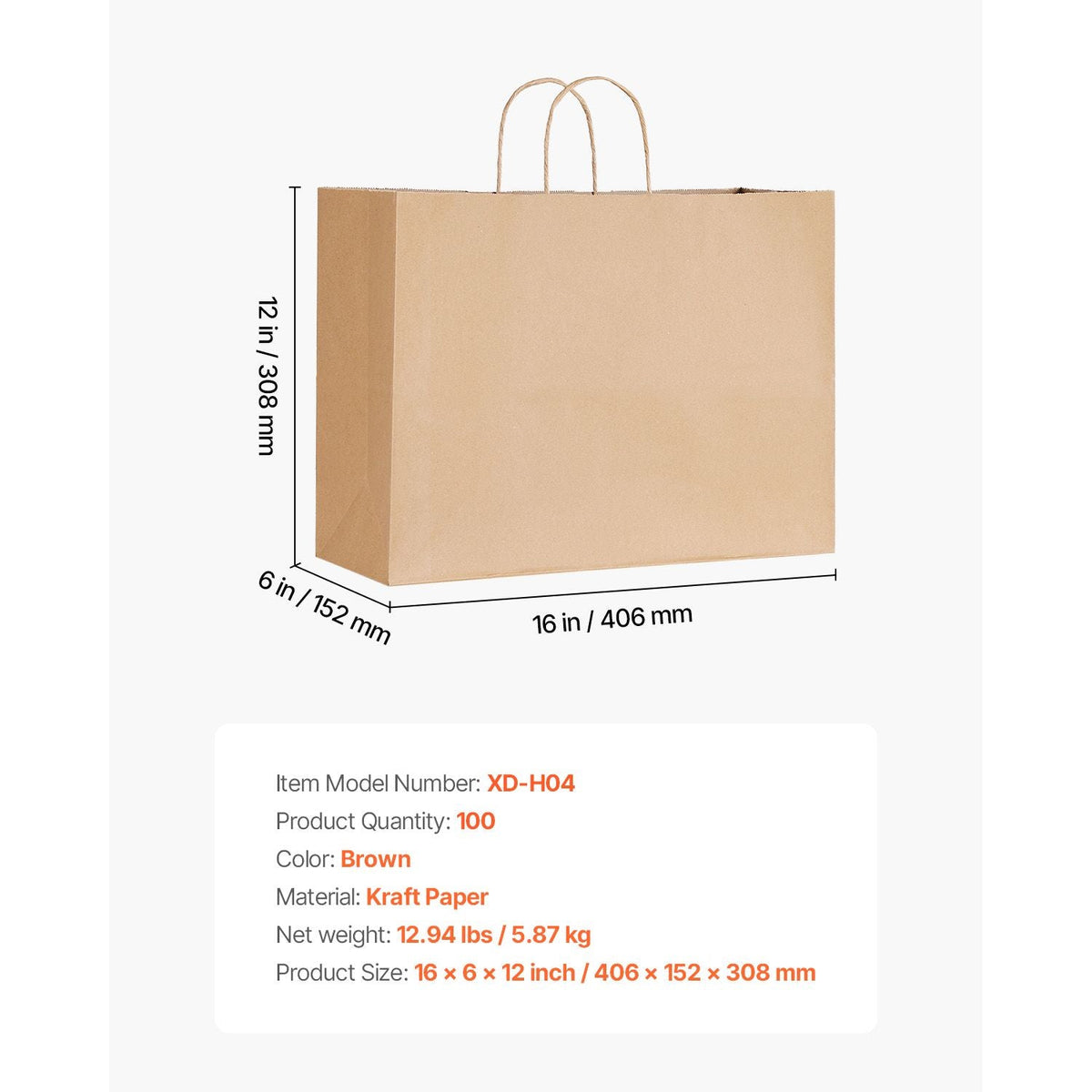 Kraft Paper Bags with Handles, 100Pcs 16 x 6 x 12 in, Large Paper Grocery Bags, Reusable & Recycled Take-Out Sacks, Plain Party Bag Bulk for Birthday, Wedding, Business, Goody, Brown