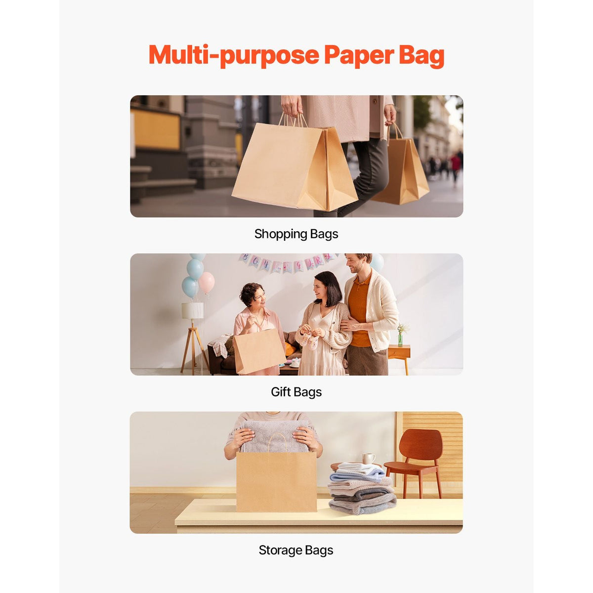Kraft Paper Bags with Handles, 50Pcs 16 x 6 x 12 in, Large Paper Grocery Bags, Reusable & Recycled Brown Take-Out Sacks, Plain Party Bag Bulk for Birthday, Wedding, Business, Goody, Craft