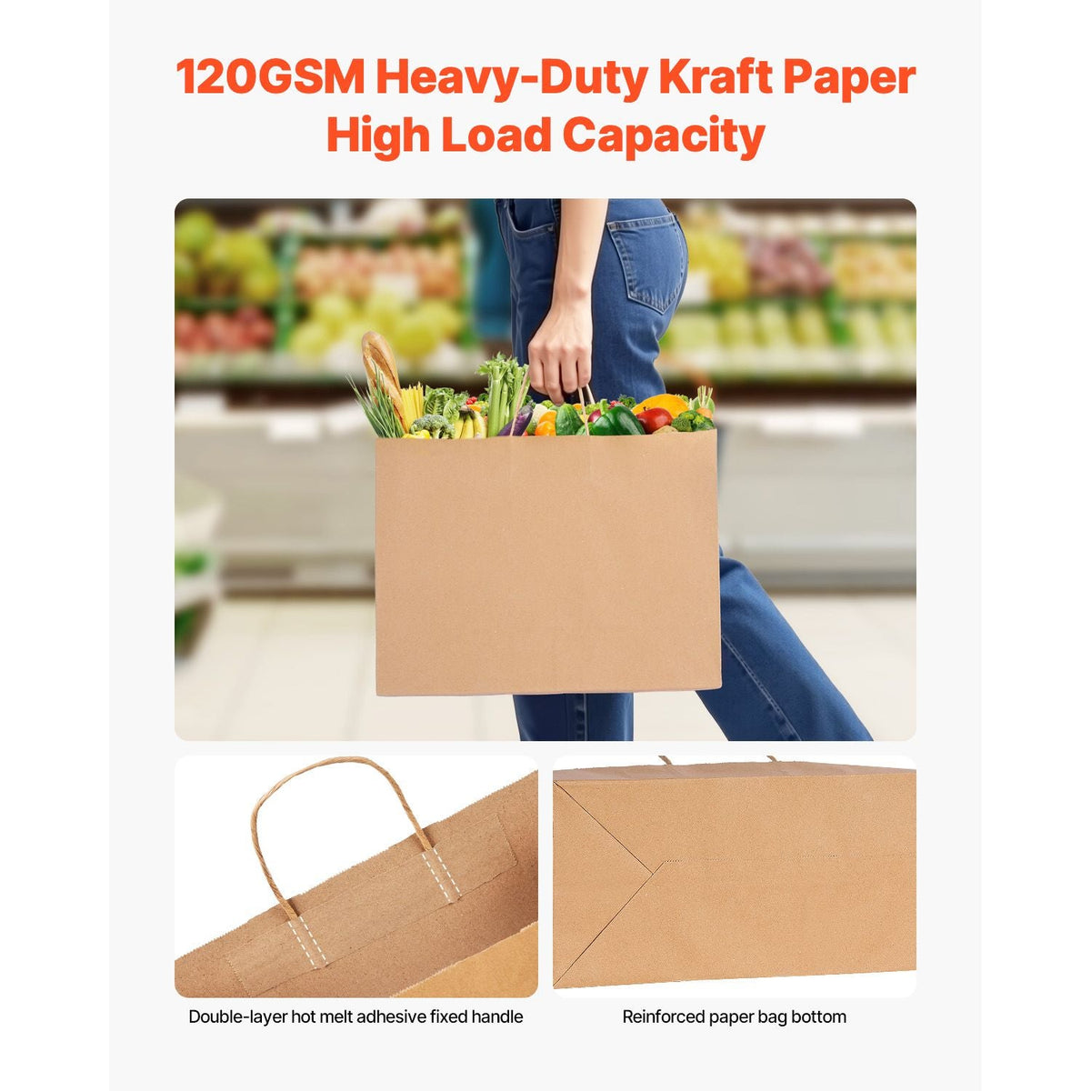 Kraft Paper Bags with Handles, 50Pcs 16 x 6 x 12 in, Large Paper Grocery Bags, Reusable & Recycled Brown Take-Out Sacks, Plain Party Bag Bulk for Birthday, Wedding, Business, Goody, Craft
