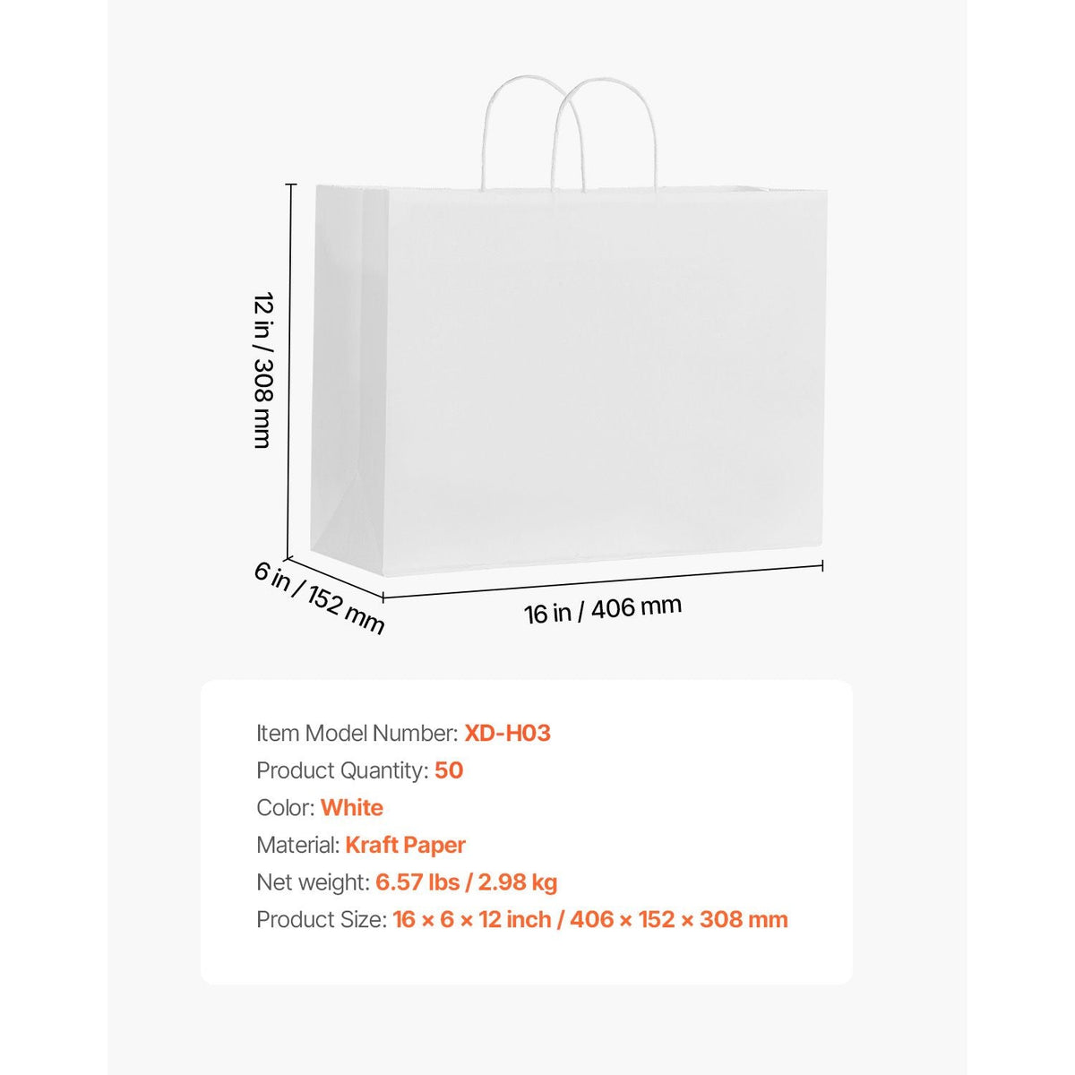 Kraft Paper Bags with Handles, 50Pcs 16 x 6 x 12 in, Large Paper Grocery Bags, Reusable & Recycled Take-Out Sacks, Plain Party Bag Bulk for Birthday, Wedding, Business, Goody, White