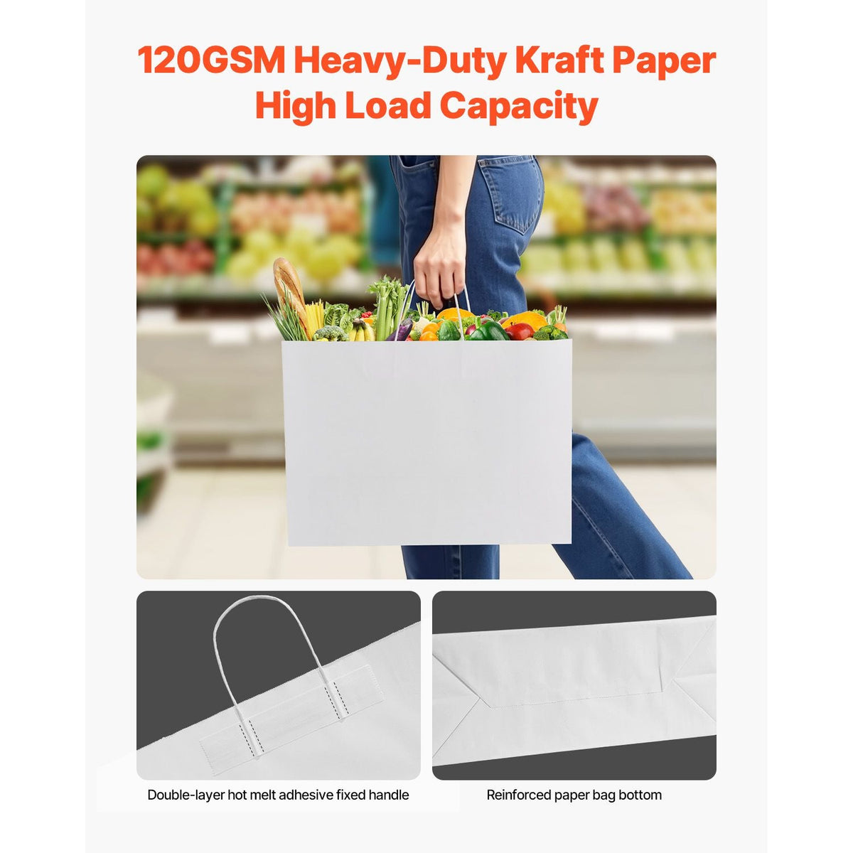 Kraft Paper Bags with Handles, 50Pcs 16 x 6 x 12 in, Large Paper Grocery Bags, Reusable & Recycled Take-Out Sacks, Plain Party Bag Bulk for Birthday, Wedding, Business, Goody, White