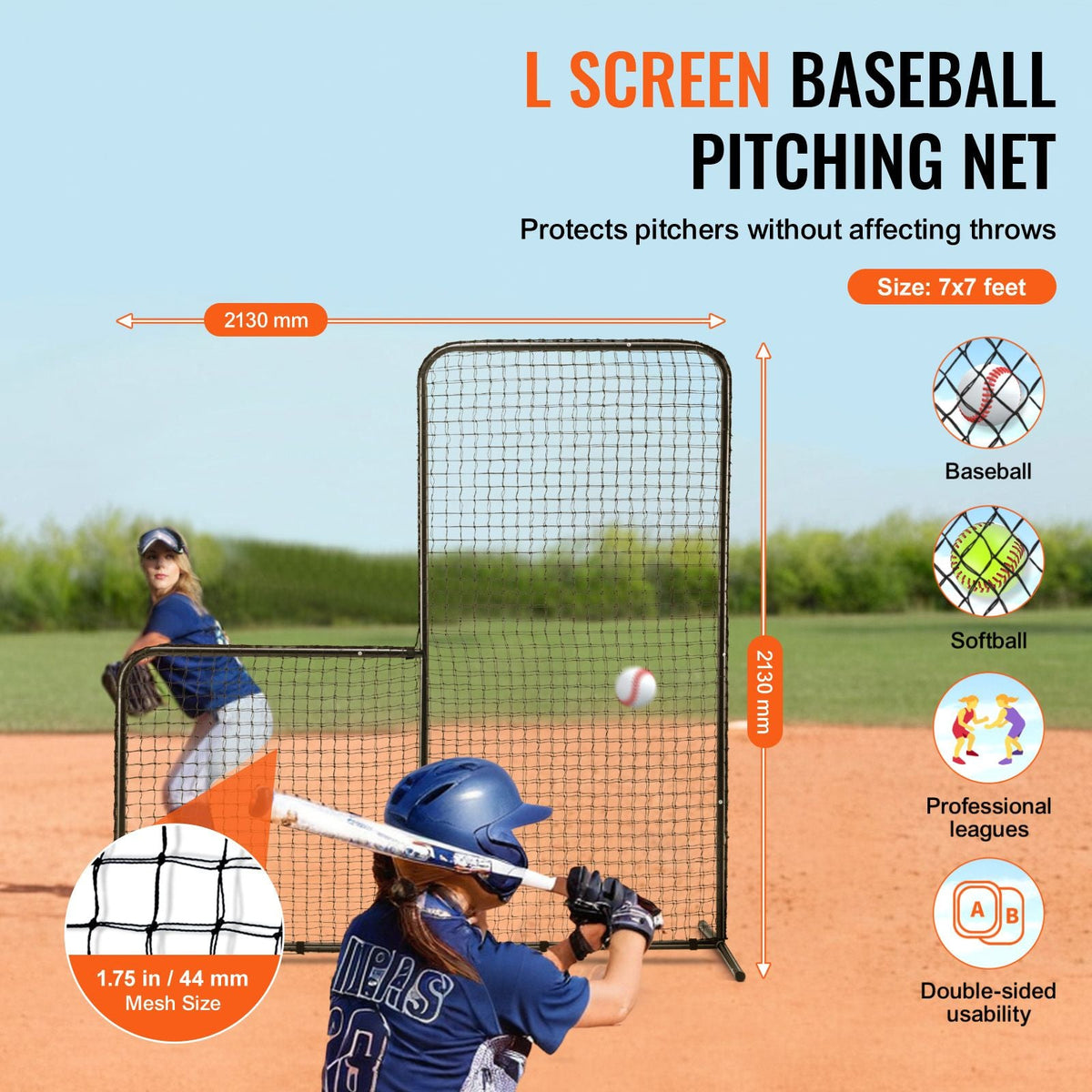 L Screen Baseball for Batting Cage, 7x7 ft Baseball Softball Safety Screen, Body Protector Portable Batting Screen with Carry Bag & Ground Stakes, Heavy Duty Pitching Net for Pitchers Protection