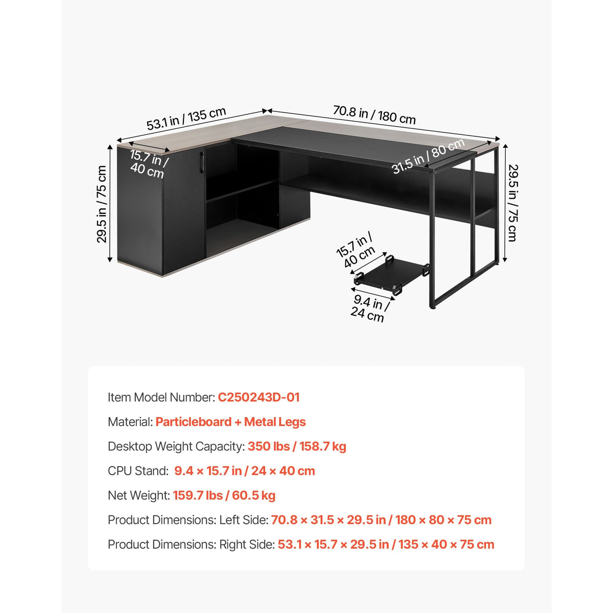 L-Shaped Executive Desk, Large Modern Office Table with Drawers & Storage Cabinet, Heavy Duty Wooden Executive Table with CPU Stand, 350 LBS Load Capacity, Easy Assembly, for Work Study Writing