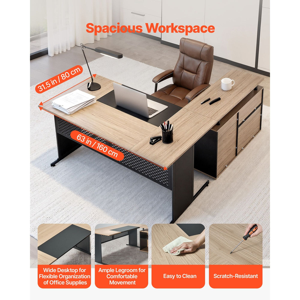 L-Shaped Executive Desk, Modern Reversible Office Table with Drawers & Storage Cabinet, Heavy Duty Large Wooden Executive Table, 350 LBS Load Capacity, Easy Assembly, for Work Study Writing