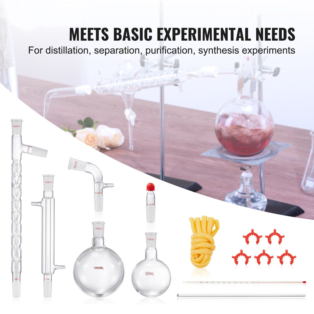 Lab Distillation Kit, 3.3 Boro Lab Glassware Distillation Kit with 24, 40 Joint, 1000ml Essential Oil Distillation Apparatus Kit, 14 pcs Set of Glassware Equipment