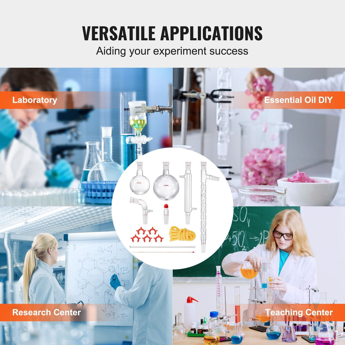 Lab Distillation Kit, 3.3 Boro Lab Glassware Distillation Kit with 24, 40 Joint, 1000ml Essential Oil Distillation Apparatus Kit, 14 pcs Set of Glassware Equipment