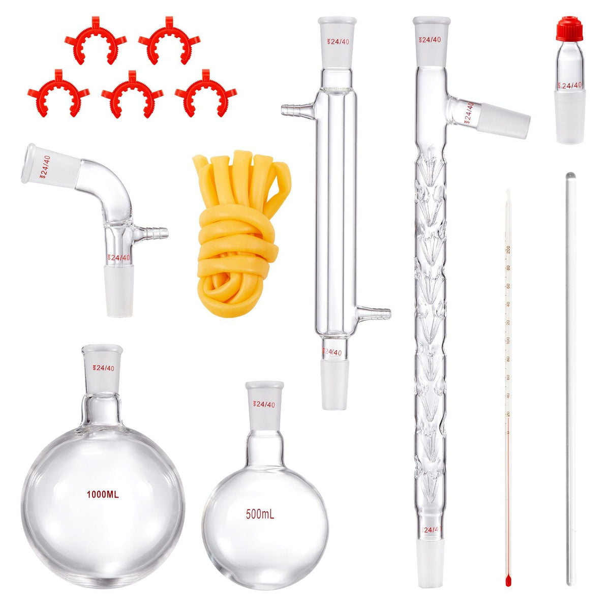 Lab Distillation Kit, 3.3 Boro Lab Glassware Distillation Kit with 24, 40 Joint, 1000ml Essential Oil Distillation Apparatus Kit, 14 pcs Set of Glassware Equipment