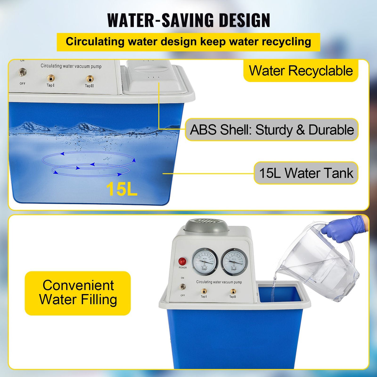 Lab Multi-Purpose Water Circulating Vacuum Pump,15L, with 2 Off-Gas Taps,Stainless Vacuum Pump 180W 110V,Anti-Corrosion Pump Lab Chemistry Equipment