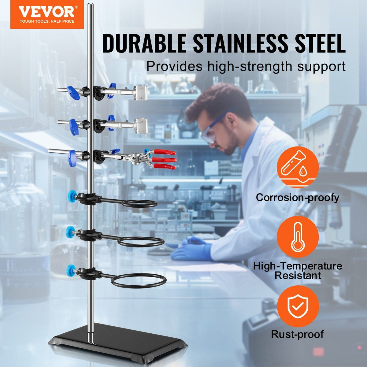 Lab Stand Support, Laboratory Retort Support Stand Set, Steel Lab Stand 23.6" Rod and 8.3" x 5.3" Cast Iron Base, Includes Flask Clamps, a Burette Clamp and Cross Clamps