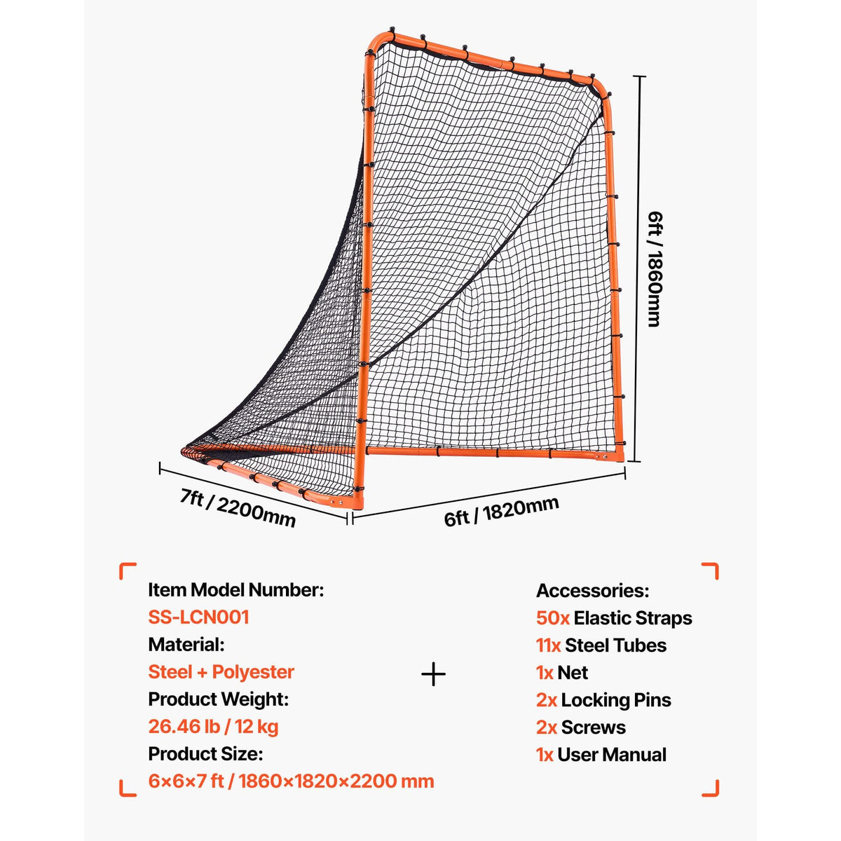 Lacrosse Goal, 6' x 6' Lacrosse Net, Folding Portable Backyard Lacrosse Training Equipment, Steel Frame Training Net, Quick & Easy Setup Lacrosse Goal, Perfect for Youth Adult Training, Orange