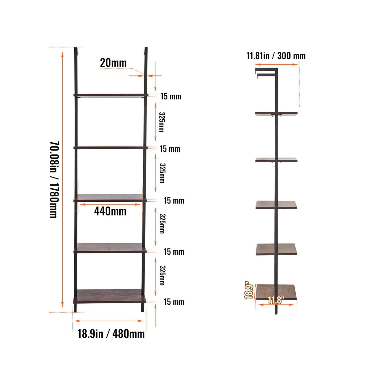 Ladder Shelf, 5-Tier Bookshelf 17.3x11.8in, Open Wall-Mounted Ladder Shelf with Metal Frame,Storage Rack Sundries Holder for Kitchen Bedroom Bathroom Living Room, Black