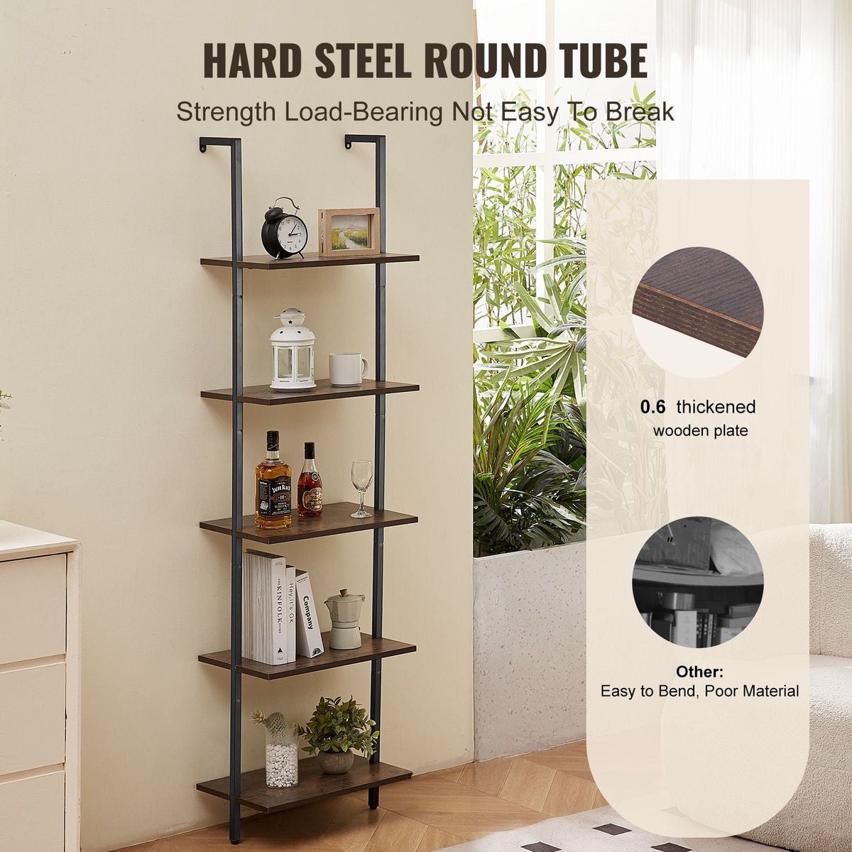 Ladder Shelf, 5-Tier Bookshelf 17.3x11.8in, Open Wall-Mounted Ladder Shelf with Metal Frame,Storage Rack Sundries Holder for Kitchen Bedroom Bathroom Living Room, Black